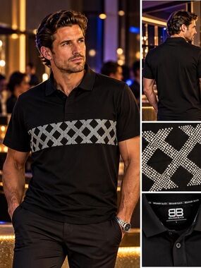 Benjamin Black Polo Men’s L Black Rhinestone Bling Geometric Shirt